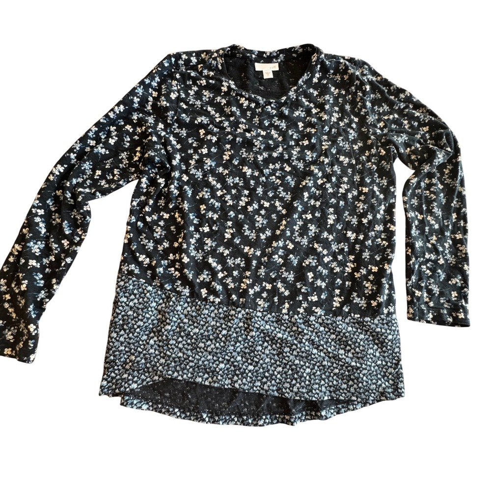 JJill Floral Long Sleeve‎ Top Women Size M Blue Mixed Print Cotton Modal Tiered